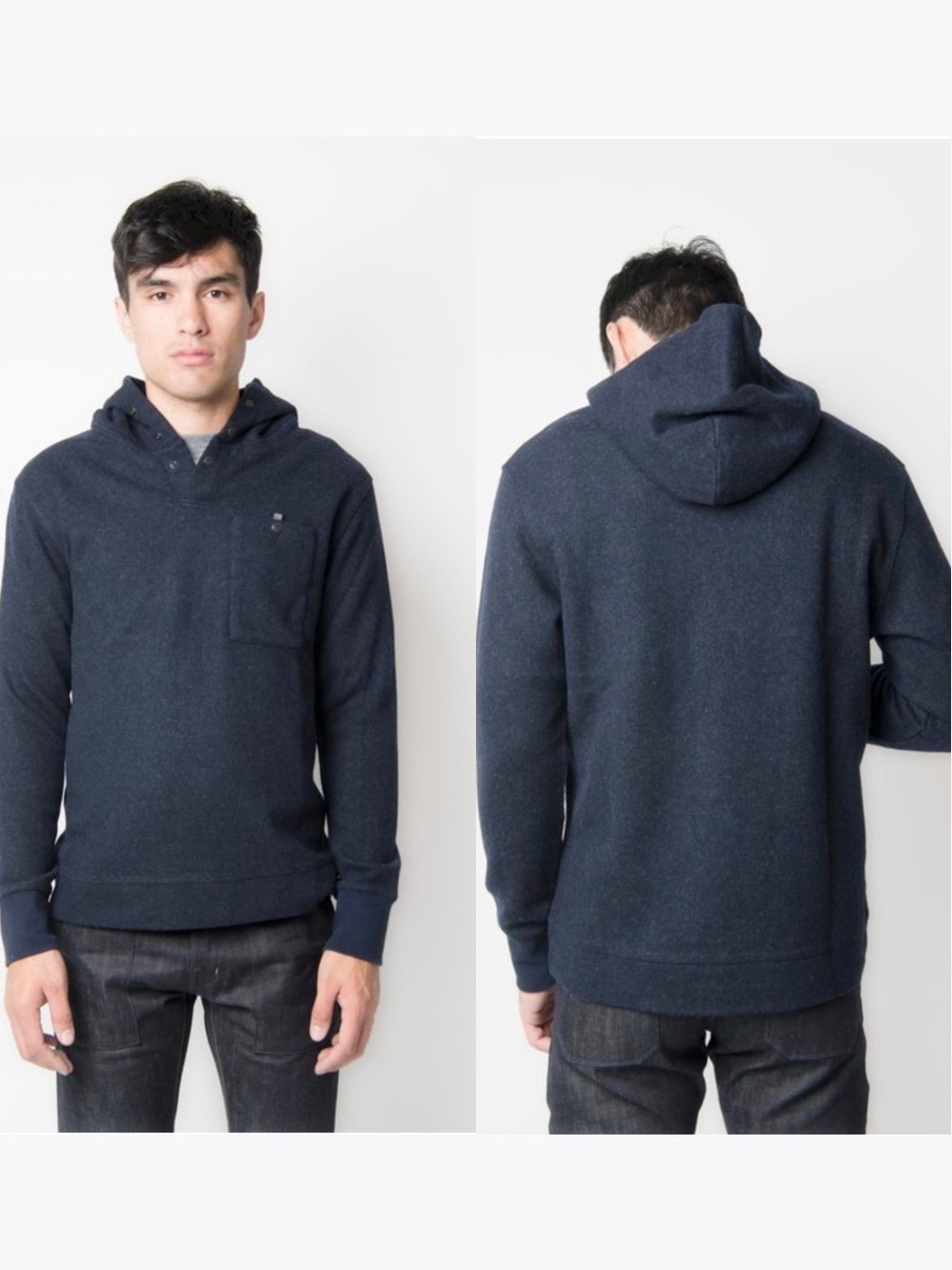 Relwen Double Faced Wooly Hood Sweater Men’s Medium Navy Pullover Snap Neck
